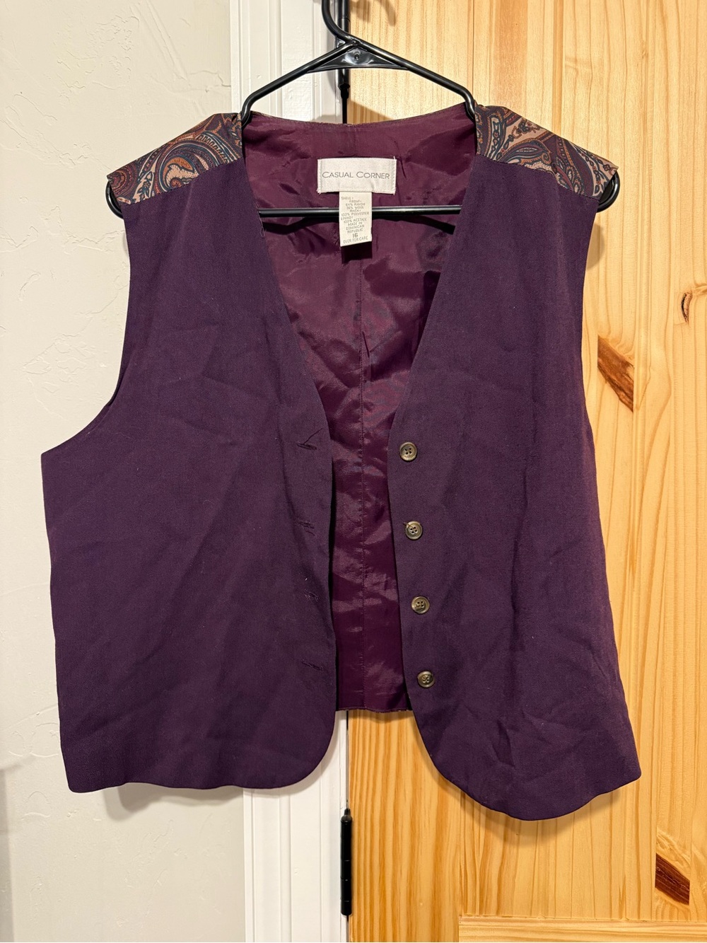 Casual Corner Plum Button-Front Vest with Paisley Accents